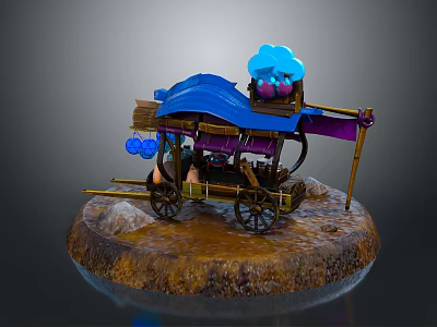 Wooden Stone Cart with Blue Canopy Purple Items and Decorative Wheels on Round Base 3d model
