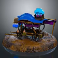 Wooden Stone Cart with Blue Canopy Purple Items and Decorative Wheels on Round Base