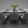 Rectangular Dining Table Set With Gray Chairs Tableware Wine Glasses And Yellow Plant Vase 3d model