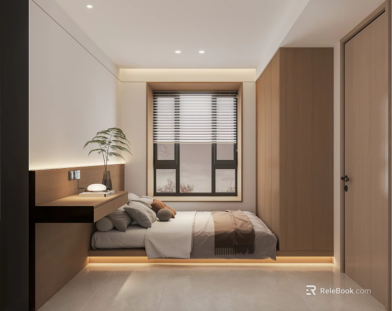 Modern Tatami Bedroom Interior Design With Built in Cabinets Window Blinds And Decorative Plant 3d model 