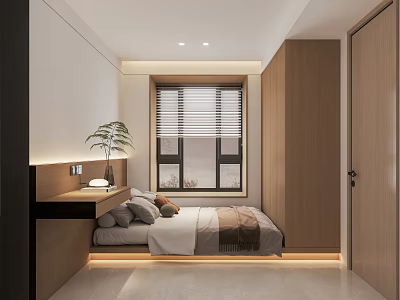 Modern Tatami Bedroom Interior Design With Built in Cabinets Window Blinds And Decorative Plant 3d model