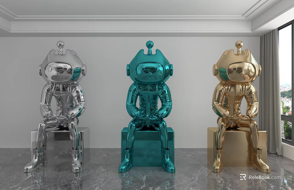Metallic Robot Sculptures With Colorful Finish On Cube Base Design 3d model 
