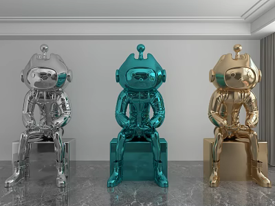 Metallic Robot Sculptures With Colorful Finish On Cube Base Design 3d model