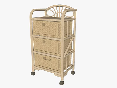 Three Tier Light Colored Decorative Cabinet With Rattan Drawers Curved Handle And Wheels 3d model