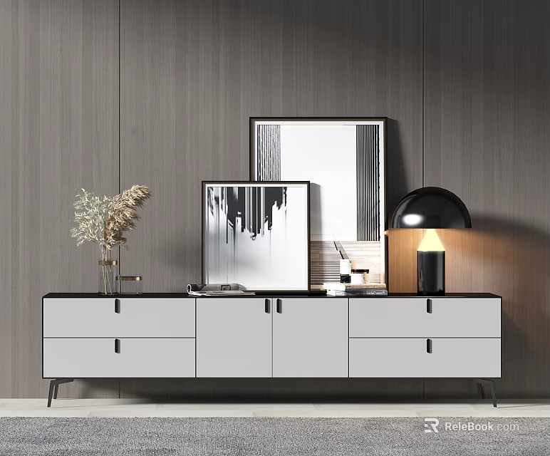 Modern White TV Stand with Drawers on Wooden Wall Decorative Items and Table Lamp 3d model 
