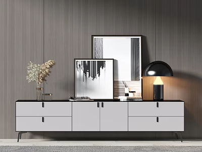 Modern White TV Stand with Drawers on Wooden Wall Decorative Items and Table Lamp 3d model