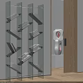 Modern Glass and Metal Bookshelf with Books on Shelves and Wooden Wall Decorative Sculpture