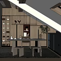 Modern Japanese Tea Room With Sloped Ceiling Wooden Bookshelves Table Stools And Skylight Natural Light