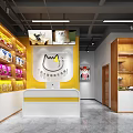 Bright Pet Supply Store Reception Desk With Yellow White Design Cat Logo And Wooden Shelves