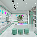 Modern Clothing Store Interior With Arched Green Decorations Colorful Shelves And Round Display Table