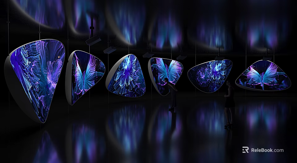 Hanging Illuminated Installations Irregular Geometric Shapes Purple Blue Butterfly Wing Patterns Dark Background Reflective Floor 3d model 