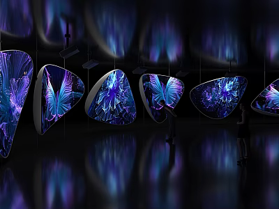 Hanging Illuminated Installations Irregular Geometric Shapes Purple Blue Butterfly Wing Patterns Dark Background Reflective Floor 3d model