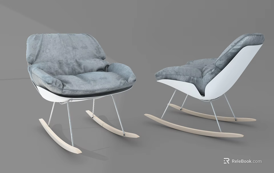 Stylish Leisure Rocking Chairs With Gray White Upholstered Seats And Wooden Rockers 3d model 