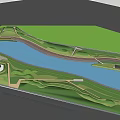 Waterfront Landscape Design With Curved River Lush Green Spaces And Pedestrian Walkways