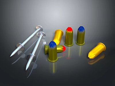 Shiny Metal Nails With Sharp Ends And Colorful Tip Bullets On Dark Reflective Surface 3d model