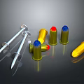 Shiny Metal Nails With Sharp Ends And Colorful Tip Bullets On Dark Reflective Surface