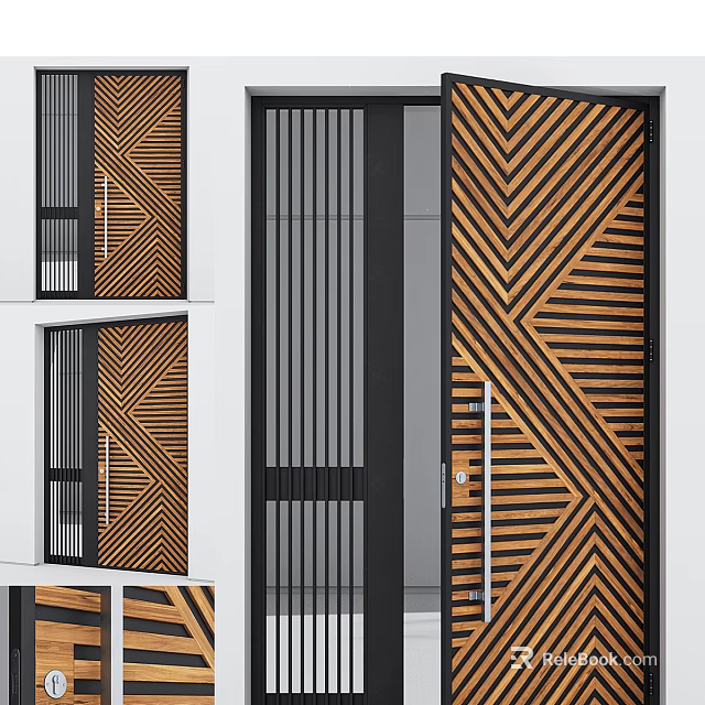 Modern Swing Door Design With Geometric Wooden Pattern And Black Frame Glass Panel 3d model 
