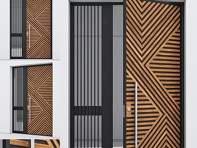 Modern Swing Door Design With Geometric Wooden Pattern And Black Frame Glass Panel 3d model