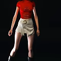 Woman in Red Ripped Top and White Skirt with Gold Ring Belt on Black Background