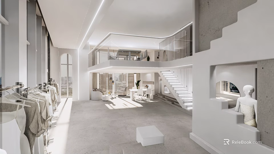 Modern White Clothing Store Interior With Open Space Staircase And Clothing Displays 3d model 