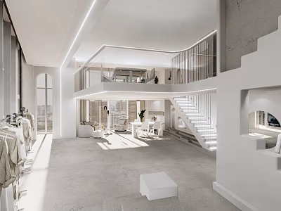 Modern White Clothing Store Interior With Open Space Staircase And Clothing Displays 3d model