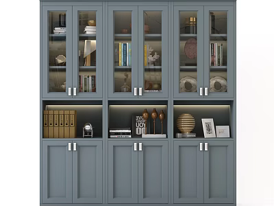 Elegant Modern Bookcase With Glass Doors Wooden Cabinets Books Decorations And Built-in Lighting 3d model
