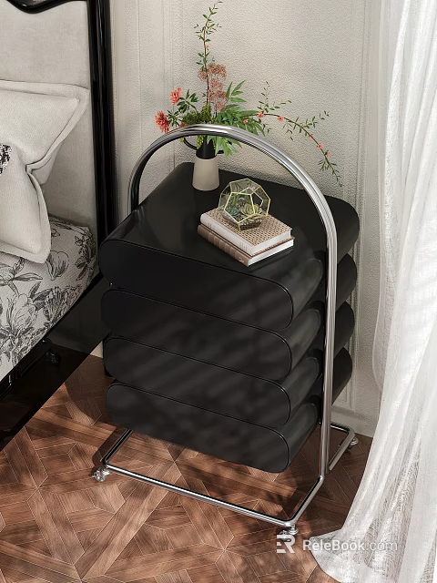Modern Black Bedside Cabinet with Multiple Curved Drawers and Decorative Vase Books on Top 3d model 