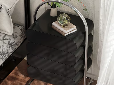 Modern Black Bedside Cabinet with Multiple Curved Drawers and Decorative Vase Books on Top 3d model