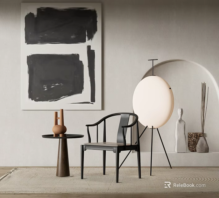 Modern Leisure Chair In Minimalist Interior With Round Floor Lamp And Wooden Side Table 3d model 