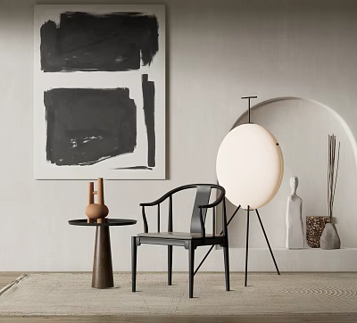 Modern Leisure Chair In Minimalist Interior With Round Floor Lamp And Wooden Side Table 3d model