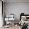 Children's Room Interior With Study Desk Comfortable Chair Star Pattern Wall And Stuffed Toys