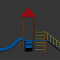 Playground Equipment With Red Roof Blue Slides Yellow Railings Tower Structure And Stairs