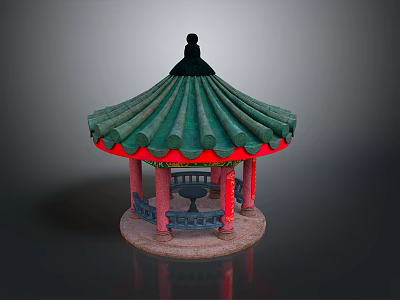 Traditional Chinese Circular Pavilion With Green Tiled Roof And Red Pillars On Stone Base 3d model