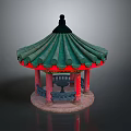 Traditional Chinese Circular Pavilion With Green Tiled Roof And Red Pillars On Stone Base