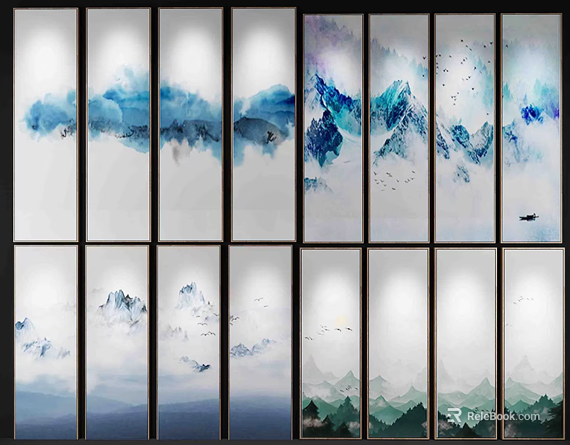 Blue White Green Landscape Paintings With Mountain Water Flying Birds Small Boat And Screen Panels 3d model 