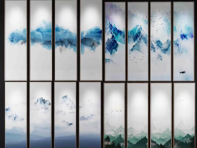 Blue White Green Landscape Paintings With Mountain Water Flying Birds Small Boat And Screen Panels 3d model