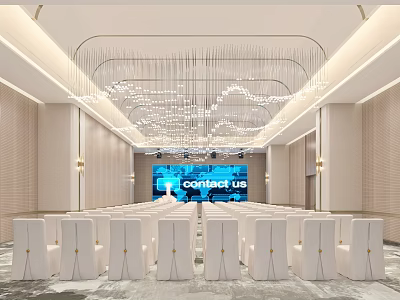 Modern Conference Room with Neatly Arranged White Chairs Large Screen And Chandelier 3d model