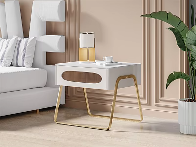 Elegant Modern White Nightstand with Gold Legs Lamp Cup Book Beside Sofa and Plant 3d model