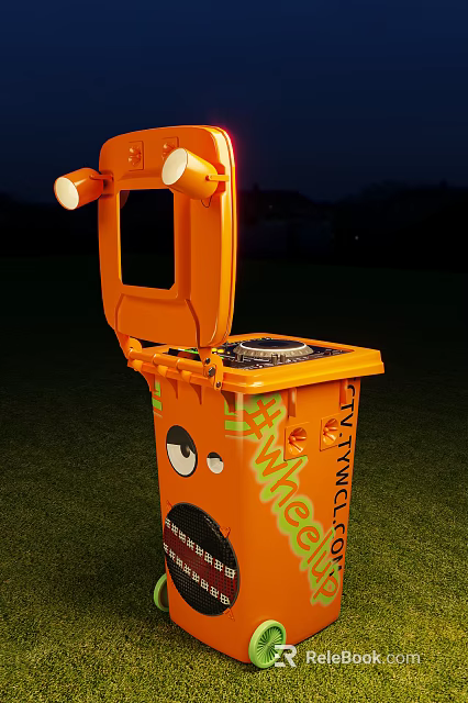 Outdoor Public Facility Orange Trash Bin With Open Lid And Cartoon Eyes 3d model 