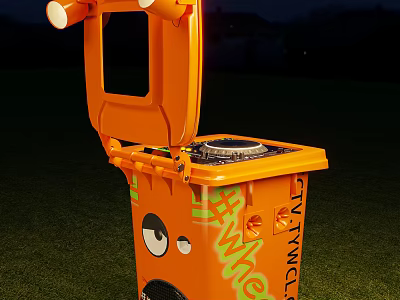 Outdoor Public Facility Orange Trash Bin With Open Lid And Cartoon Eyes 3d model