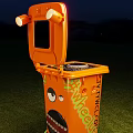 Outdoor Public Facility Orange Trash Bin With Open Lid And Cartoon Eyes