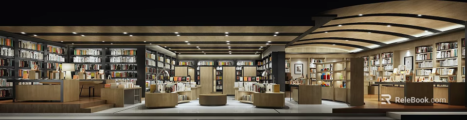 Modern Bookstore Interior With Wooden Bookshelves Full Of Books Round Display Tables And Bright Lighting 3d model 