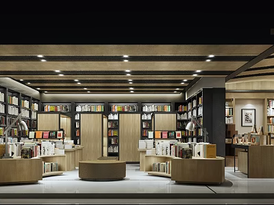 Modern Bookstore Interior With Wooden Bookshelves Full Of Books Round Display Tables And Bright Lighting 3d model