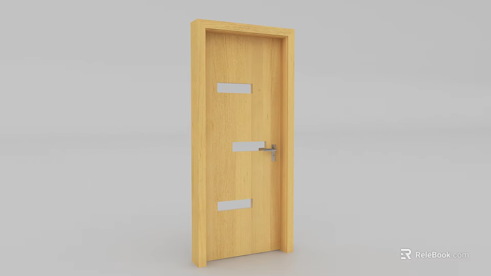 Wooden Hinged Door With Light Wood Finish Rectangular Glass Panels And Silver Handle 3d model 