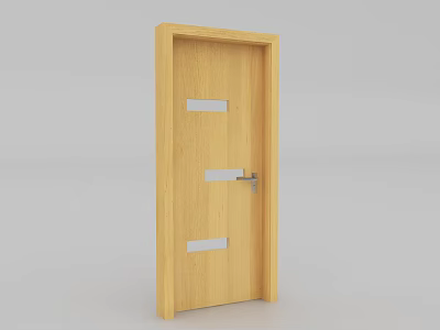 Wooden Hinged Door With Light Wood Finish Rectangular Glass Panels And Silver Handle 3d model