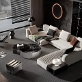 Modern Sofa Coffee Table Set With L Shaped Beige Sofa Marble Table And Throw Pillows 3d model