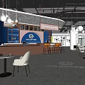 Modern Cafe Interior With Blue Walls Bar Counter White Pendant Lights And Floor Logo
