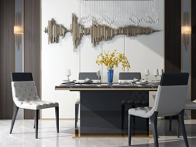 Elegant Modern Dining Table Chairs Set With Vase Floral Chandelier And Wall Art 3d model
