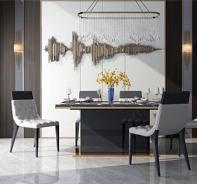 Elegant Modern Dining Table Chairs Set With Vase Floral Chandelier And Wall Art 3d model