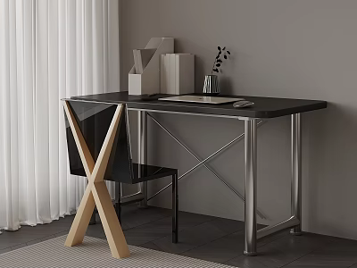 Sleek Modern Black Home Office Desk With Polished Metal Frame And Stylish X Shaped Chair 3d model